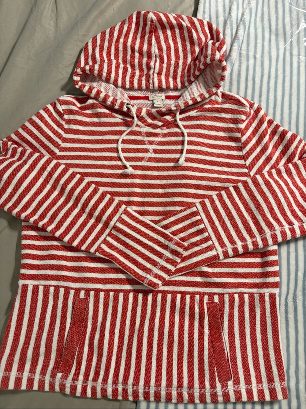 J.Crew Red & White Striped Lightweight Terry Pullover Hoodie - Size M